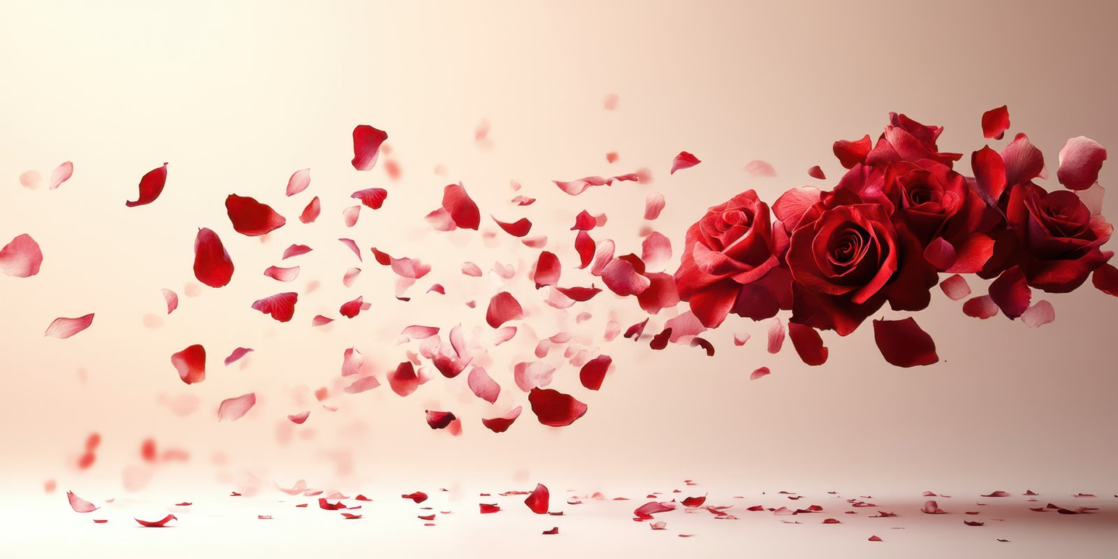 Roses and petals create a beautiful display of romance and elegance in a soft setting